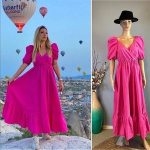 NWT_ZARA WOMAN SS22 DARK FUCHSIA PUFF SLEEVE MIDI DRESS 3067/331_S sizs